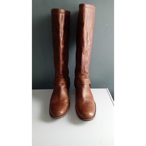 Leather Riding Boots Brown Knee High Buckle Accent Pull On Style - Picture 1 of 9